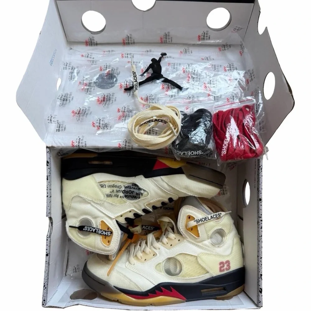 Off-White Air Jordan 5 Sail with Black and Red Accents